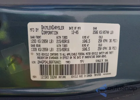 2006 Chrysler Town & Country Touring из США, поврежденный, VIN 2A4GP54L86R760021